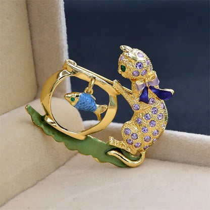 Rhinestone Bowknot Cat Brooch Cute Kitten Looking Fish Pins New Year Jewelry