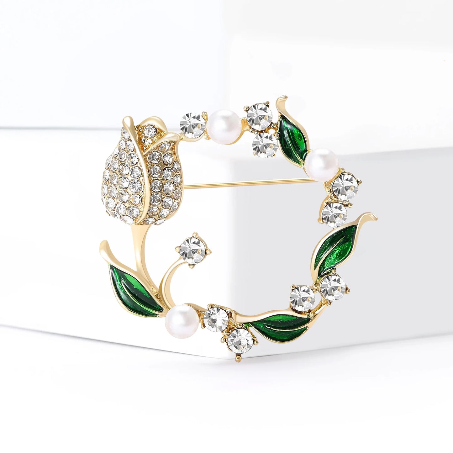 Beaut&Berry Luxury Rhinestone Tulip Wreath Brooches for Women Unisex Plant Pins Casual Party Jewelry Accessories Gift Decoration