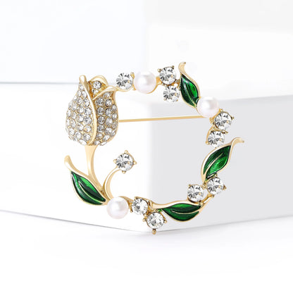 Beaut&Berry Luxury Rhinestone Tulip Wreath Brooches for Women Unisex Plant Pins Casual Party Jewelry Accessories Gift Decoration