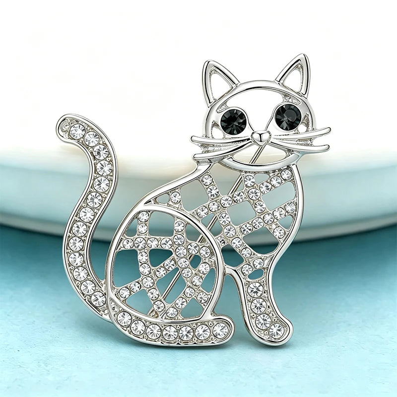 Wuli&baby Cute Hollow-out Cat Brooches For Women Men 2-color Rhinestone Alloy Kitty Animal Party Causal Brooch Pins Gifts