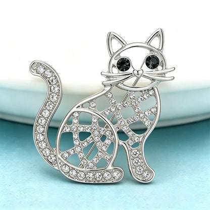 Wuli&baby Cute Hollow-out Cat Brooches For Women Men 2-color Rhinestone Alloy Kitty Animal Party Causal Brooch Pins Gifts