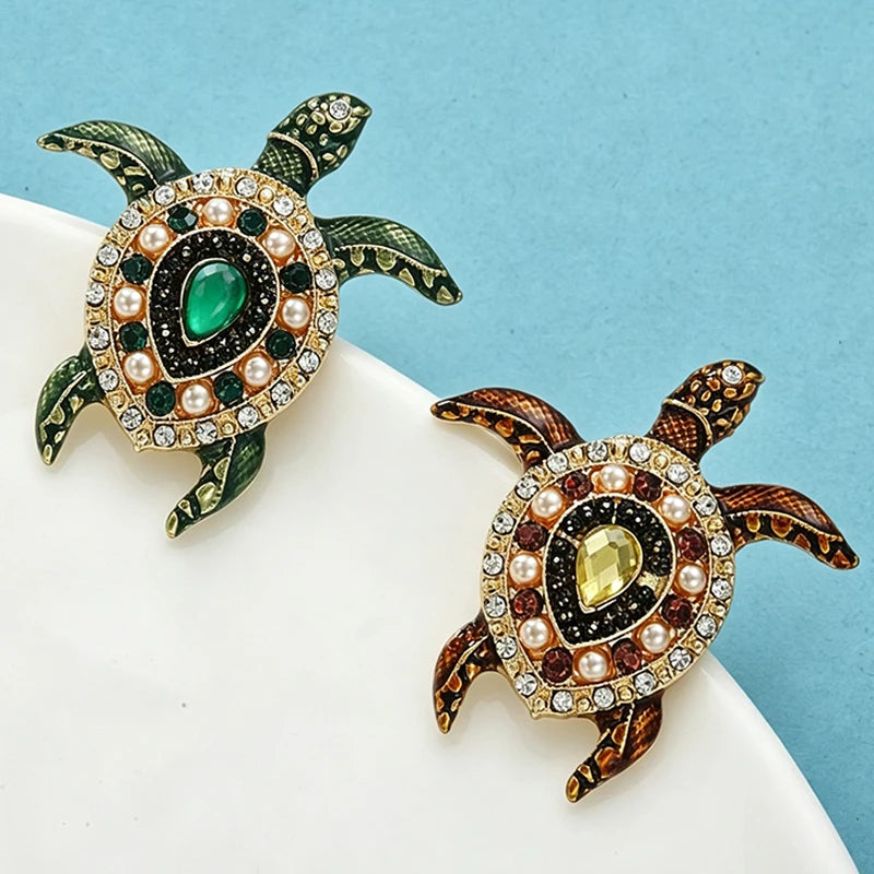 Wuli&baby Lovely Sea Turtle Brooches For Women Unisex 2-color Enamel Rhinestone Water Animal Party Causal Brooch Pins Gifts