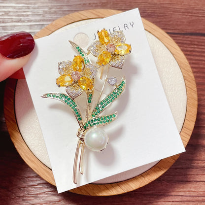 Luxury Orchid Narcissus Brooches for Women Vintage Crystal Flower Bouquet Pin Elegant Wedding Jewelry Gifts