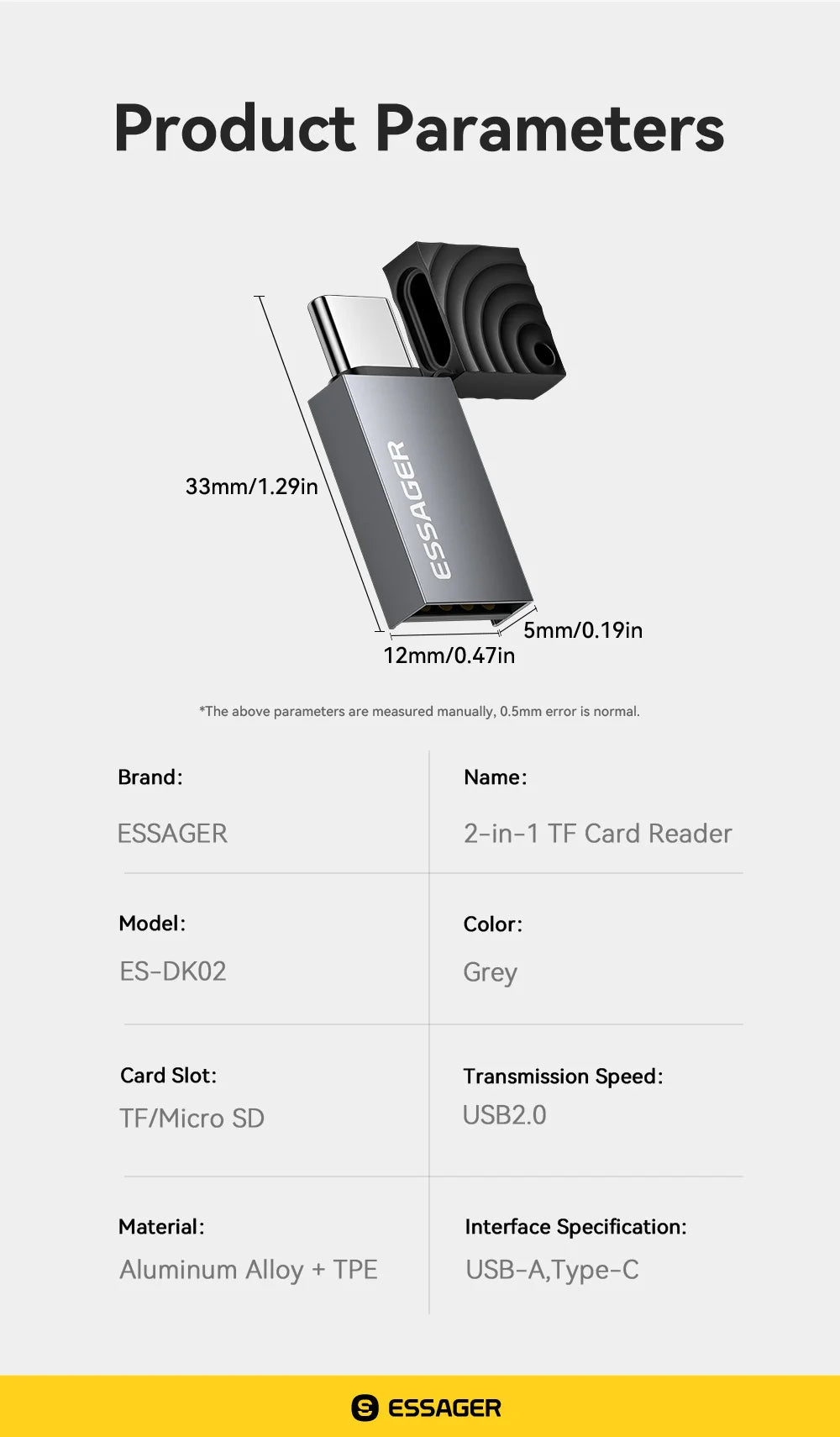 Essager 2-in-1 Mini Type C USB2.0 Card Reader Adapter Micro SD TF Memory Card Reader for iPhone 16 15 Pro Huawei Macbook iPad
