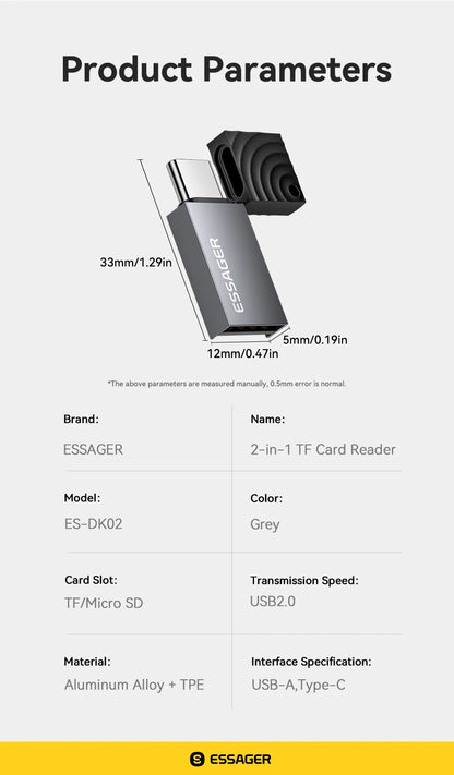 Essager 2-in-1 Mini Type C USB2.0 Card Reader Adapter Micro SD TF Memory Card Reader for iPhone 16 15 Pro Huawei Macbook iPad