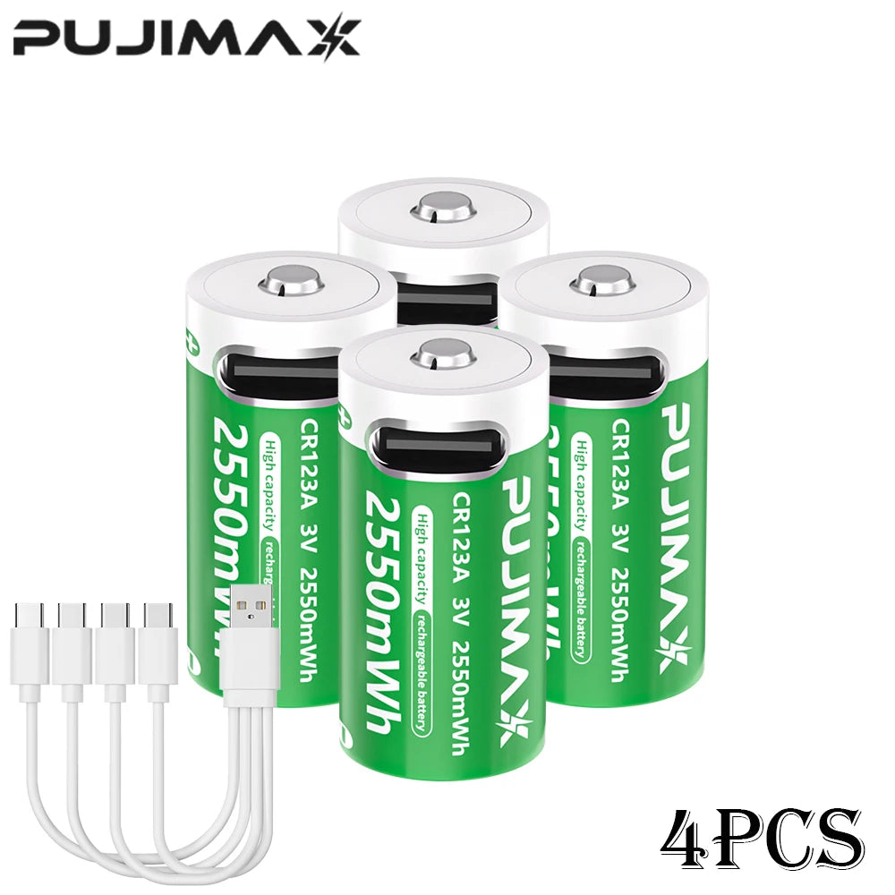 PUJIMAX CR123A Batteries With USB-C Fast Charging Cable-High Capacity 2550mWh Li-ion Polymer Cells For Flashlights Cameras