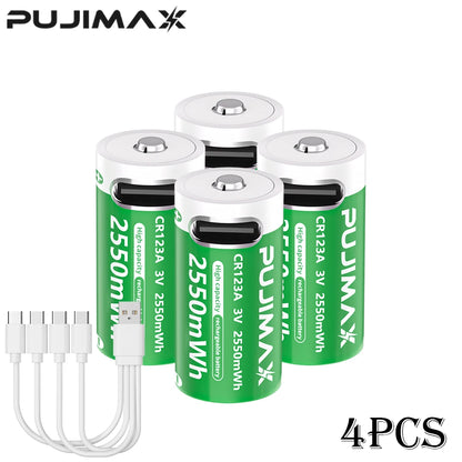 PUJIMAX CR123A Batteries With USB-C Fast Charging Cable-High Capacity 2550mWh Li-ion Polymer Cells For Flashlights Cameras