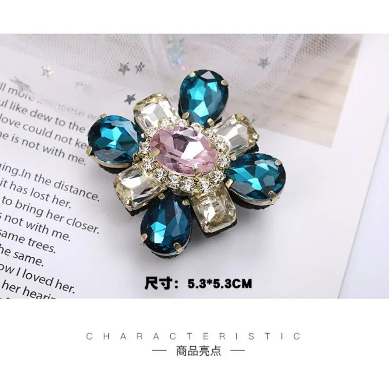 Elegant Geometric Crystal Stone Square Symmetrical Brooch Blue Green Large Rhinestone Cross Flower Pin with Clip for Women