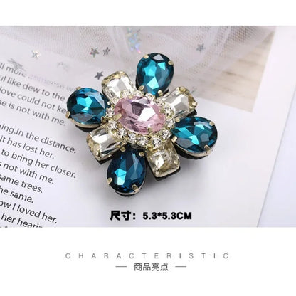 Elegant Geometric Crystal Stone Square Symmetrical Brooch Blue Green Large Rhinestone Cross Flower Pin with Clip for Women