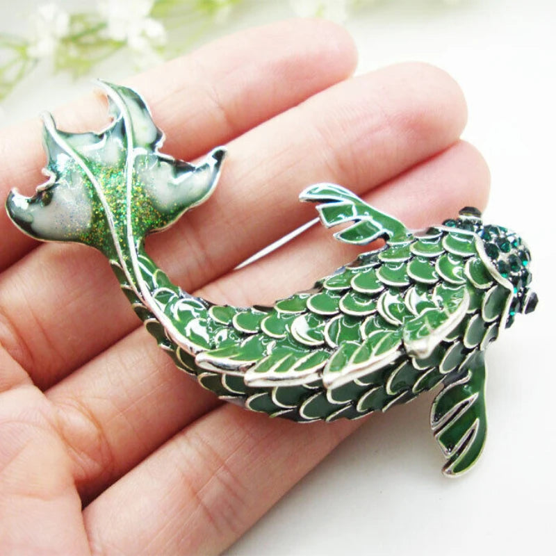 Vintage Green Fish Woman Brooch Pin Rhinestone Crystal Animal Silver Tone