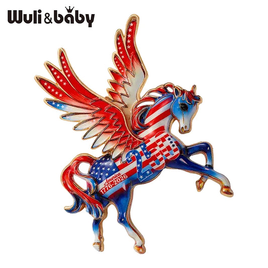 Wuli&baby America 250 Flying Horse Brooches Beautiful USA Flag Design Animal Party Office Brooch Pins Gifts