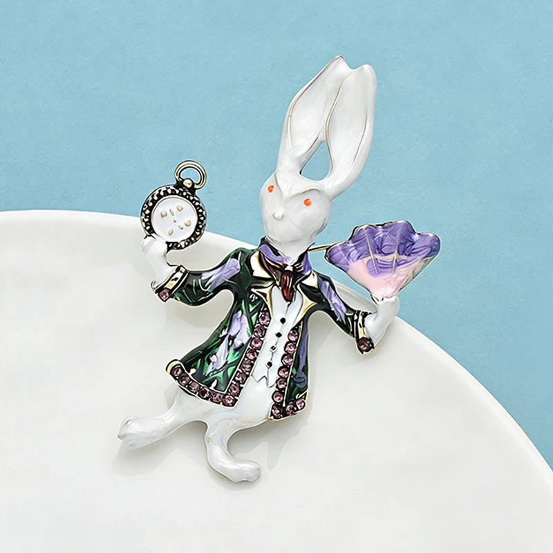 Wuli&baby Funny Rabbit Brooches For Women Unisex 2-color Enamel Holding Clock Fan Act  Rare Bunny Casual Party Brooch Pins Gifts