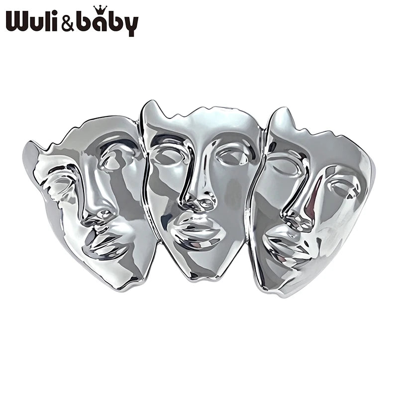 Wuli&baby Art Three Faces Brooches For Women Unisex 2-color Alloy Beautiful Face Figure Office Party Brooch Pins Gifts