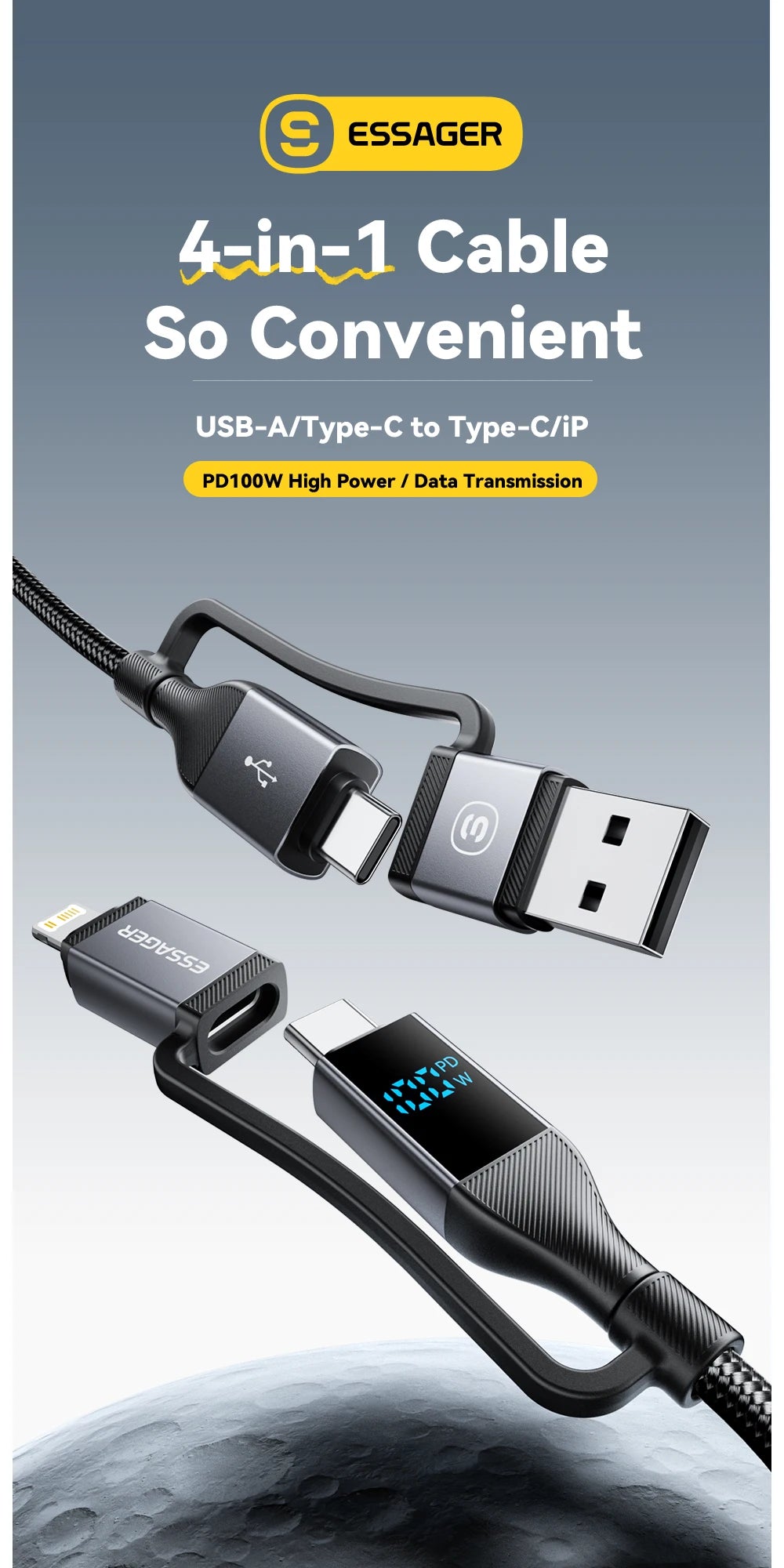 Essager 4 In 1 Digital Display USB Cable Type C 100W PD Fast Charging Wire For iPhone Macbook iPad Xiaomi Type C Lighting Cable