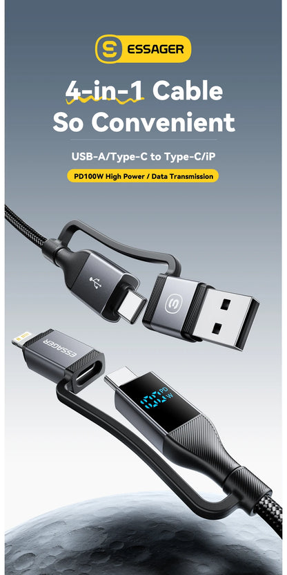 Essager 4 In 1 Digital Display USB Cable Type C 100W PD Fast Charging Wire For iPhone Macbook iPad Xiaomi Type C Lighting Cable