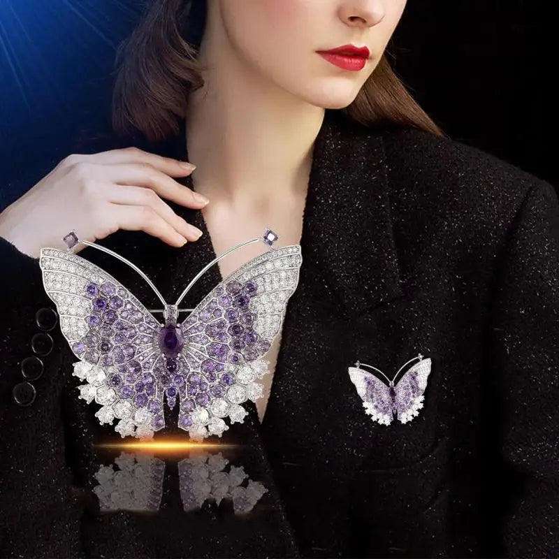 Luxury Purple Butterfly Brooch For Women Sparkling Cubic Zircon Lapel Pin Elegant Wedding Banquet Jewelry Gift