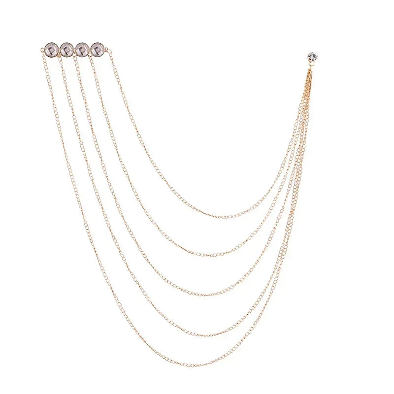 Korean Crystal Multilayer Long Tassel Chain Brooch for Women and Men Wedding Party Collar Pins Luxulry Jewelry Accessories