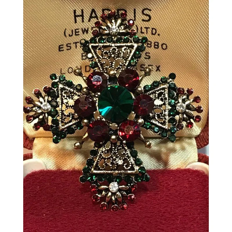 Vintage Style Red & Green Crystal Maltese Cross Brooch / Pendant Shawl Pin