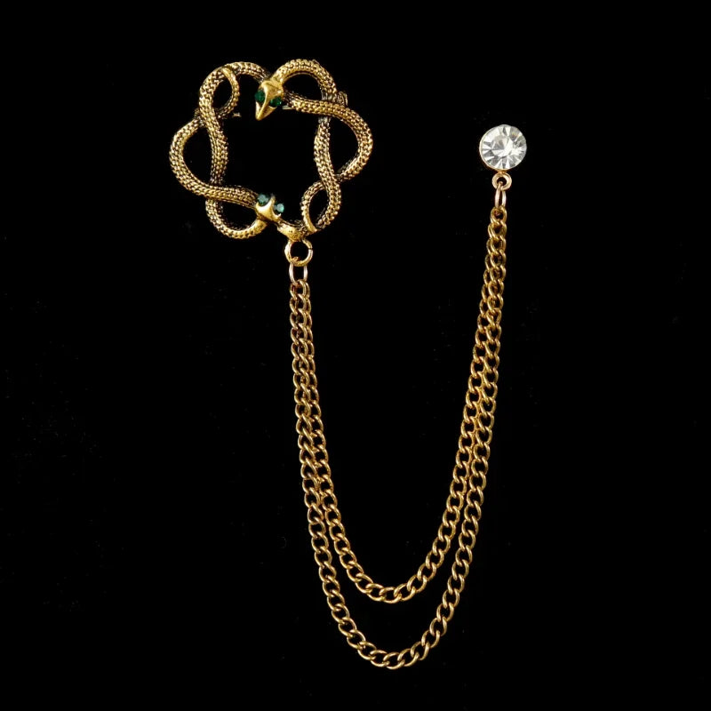 Retro Fashion Crystal Glasses Brooch Tassel Chain Snake Eagle Animal Lapel Pin Men Suit Shirt Collar Badge Jewelry Accessories