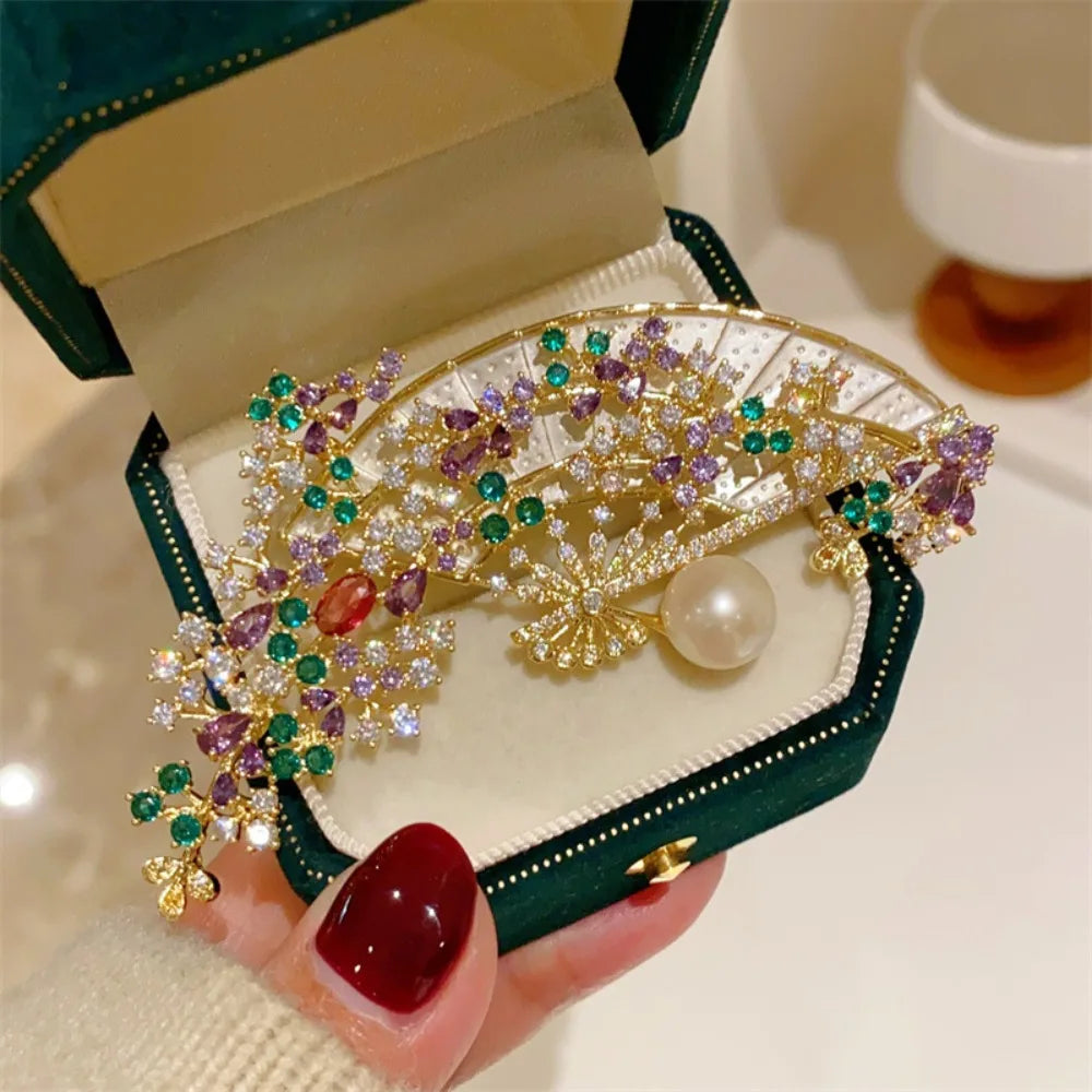 Vintage Chinese Inspired Violet Vine Folding Fan Brooch Pin Elegant Women Qipao Hanfu AccessoriesHoliday Party Couple Gifts