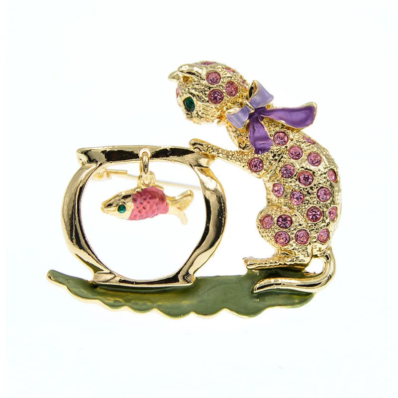 Rhinestone Bowknot Cat Brooch Cute Kitten Looking Fish Pins New Year Jewelry