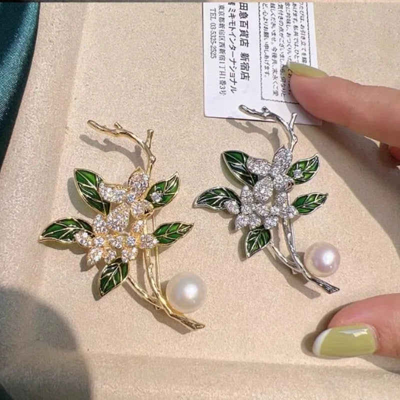 Green Leaf Gardenia Brooch Pearl Crystal Rhinestone Flower Lapel Pin For Women Wedding Party Dress Corsage Fashion Jewelry