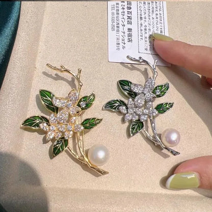 Green Leaf Gardenia Brooch Pearl Crystal Rhinestone Flower Lapel Pin For Women Wedding Party Dress Corsage Fashion Jewelry