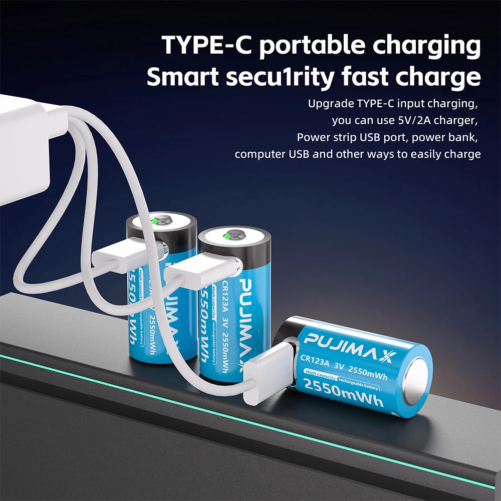 PUJIMAX Type-C Rechargeable CR123A 2550mWh 3V Lithium Battery Rechargeable Battery High Capacity  Portable Stable Output
