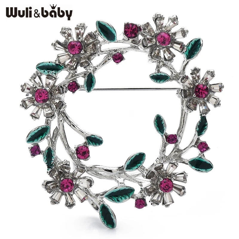 Wuli&baby Flower Wreath Brooches For Women Unisex 2-color Metal Rhinestone Circle Party Casual Brooch Pins Gifts