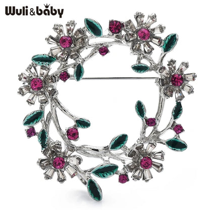 Wuli&baby Flower Wreath Brooches For Women Unisex 2-color Metal Rhinestone Circle Party Casual Brooch Pins Gifts