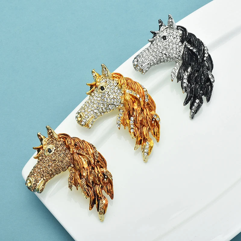 Wuli&baby Big Horse Head Brooches For Women Unisex 3-color Rhinestone Enamel Animal Party Office Brooch Pins Gifts