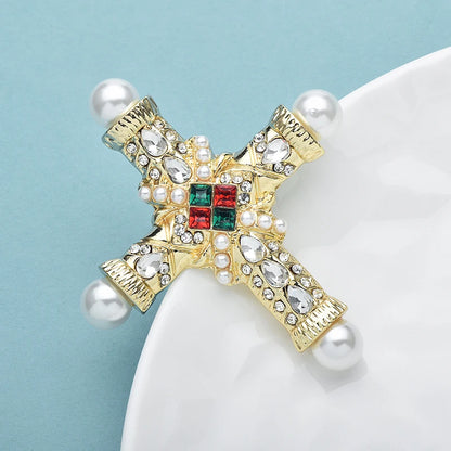 Wuli&baby Palace Style Cross Brooches For Women Men Pearl Rhinestone Baroque Cross Party Casual Brooch Pins Gifts