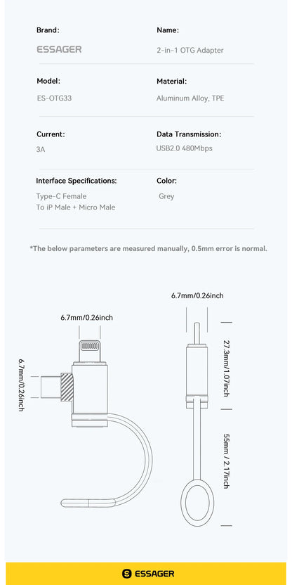 Essager 2 IN 1 Lighting/Micro Adapter Fast Charging USB Type C Female Connector For iPhone 17 16 15 14 13 12 11 IPad Converter