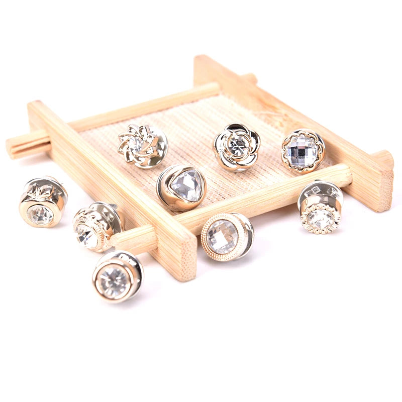 10Pcs Mini Pearl & Crystal Flower Brooch Set – Stylish Suit, Shirt, & Lapel Collar Pins for Women, Elegant Button Accessories