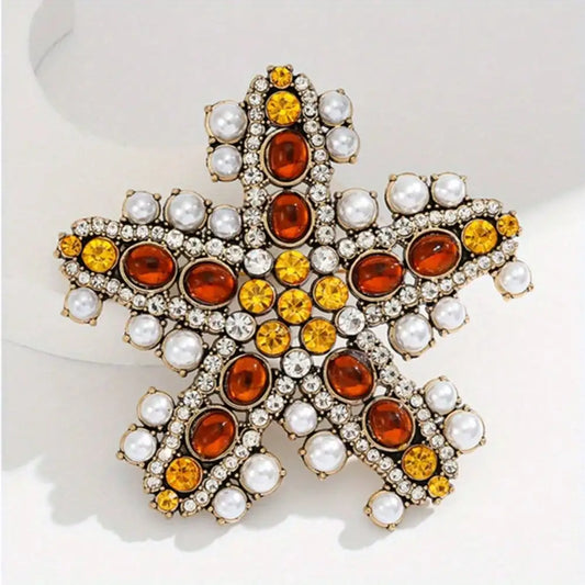 Vintage Gold-Tone Statement Brooch, Pearls & Multi-Color Crystals, Luxurious Pin for Fashion Enthusiasts, Ideal Gifting Choice