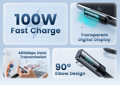 Toocki 90 Degree USB C Cable 6A Fast Charging Elbow Type C Cable for Huawei P40 Realme Samsung S20 Digital Display Data Cable