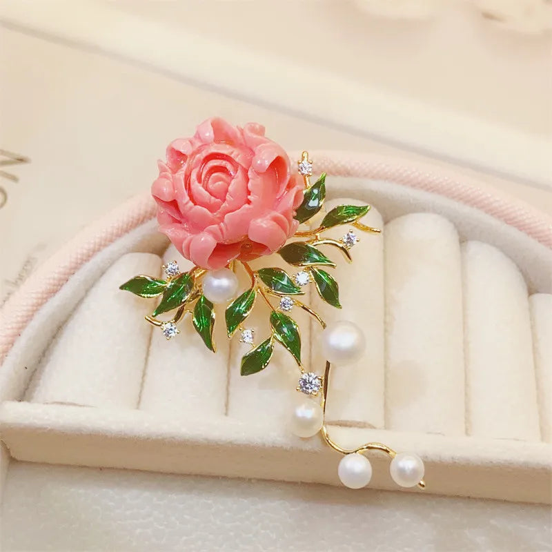 Elegant Pink Peony Brooch For Women Luxury Zircon Flower Leaf Imitation Pearl Corsage Sweet Lady Coat Sweater Clothing Jewelry