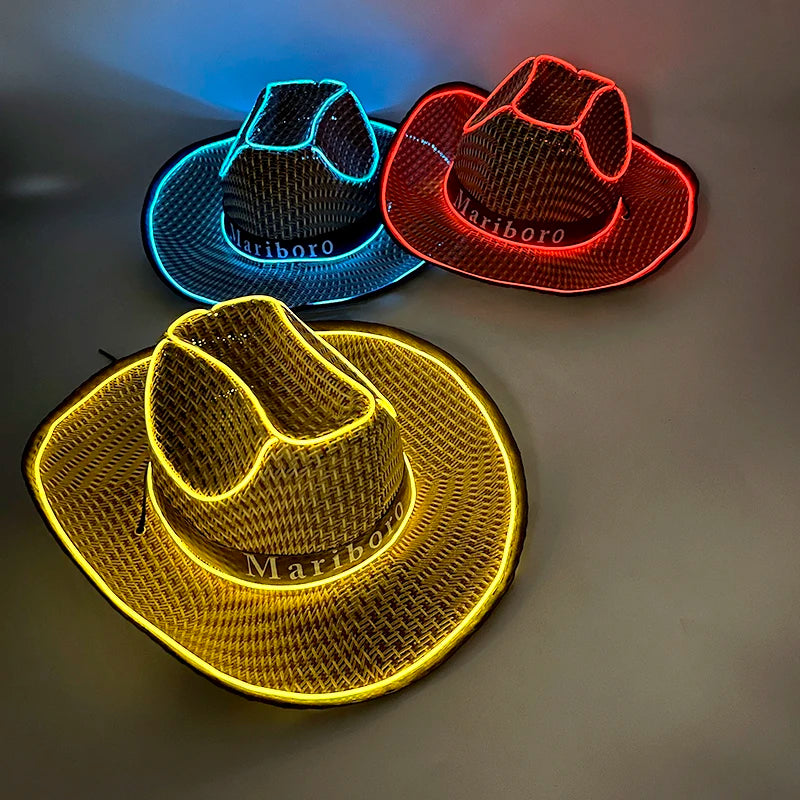 LED Glowing Cowgirl boy Hat Neon Luminous Bride Hat For Holiday Light Up Supplies Fluorescent Party Props Bachelorette Party Hat