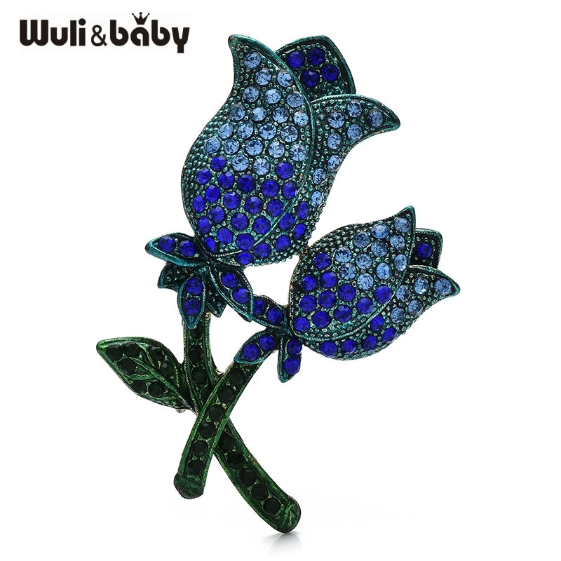 Wuli&baby Shining Rose-flower Brooches 4-color Rhinestone Beautiful Tulip Flowers Plants Brooch For Women's Clothes Pins Gifts