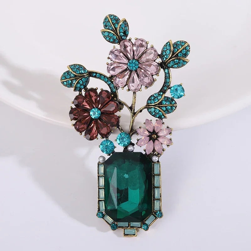 Rhinestone Flower Vase Brooches for Women Plant Pins Event Party Backpack Decoration Clothes Accessories