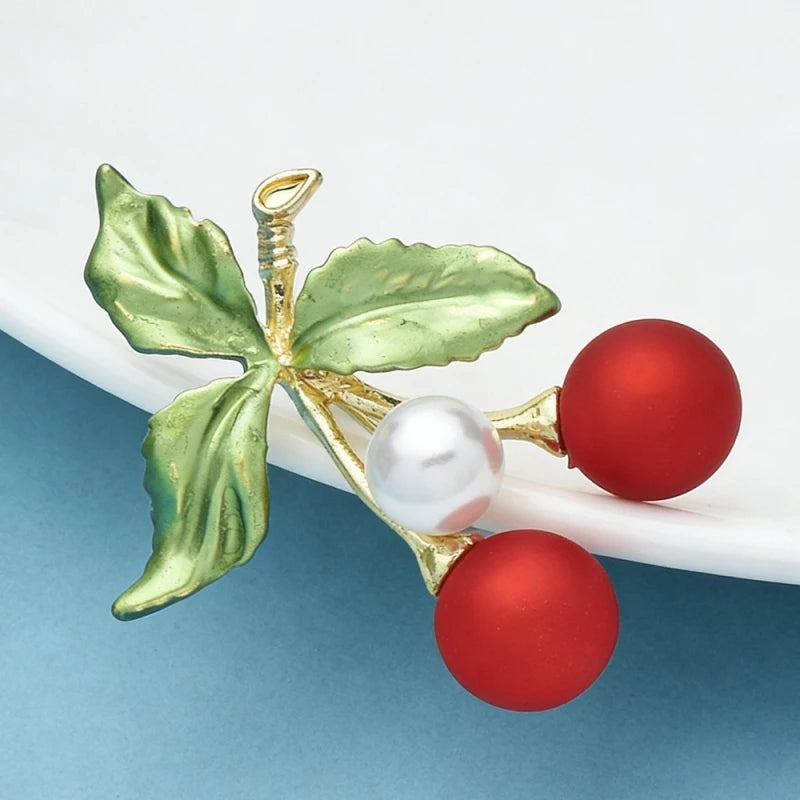 Wuli&baby Cute Red Cherry Brooches Pins For Women Unisex Beautiful Enamel Fruits Plants Party Casual Brooch Gifts