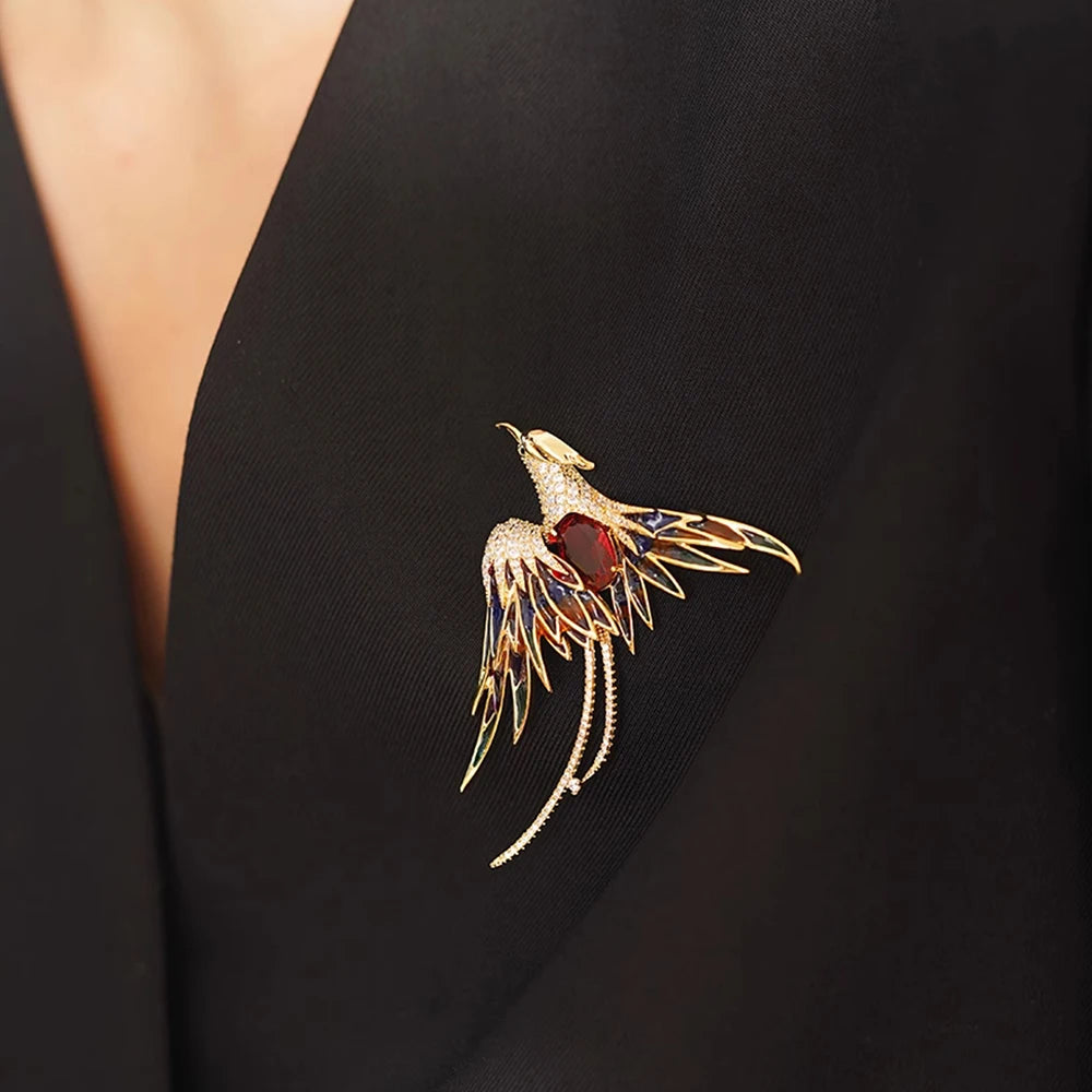 Luxury Crystal Phoenix Bird Brooches For Women Men Unisex Colorful Yellow Enamel Pins Chinese Birds Party Office Jewelry Gifts