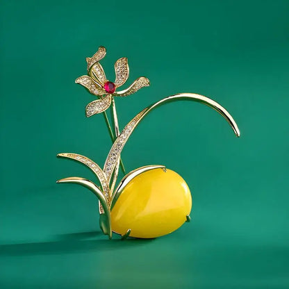 Luxury Orchid Brooch With Yellow Amber And Red Gemstone Elegant Gold Plated Flower Brooch For Women Vintage Jewelry