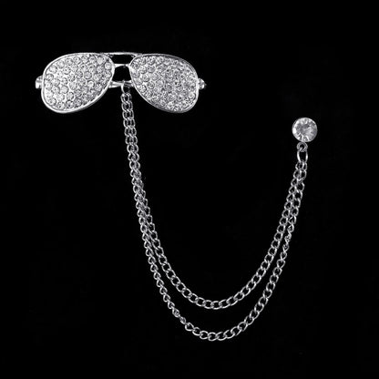 Retro Fashion Crystal Glasses Brooch Tassel Chain Snake Eagle Animal Lapel Pin Men Suit Shirt Collar Badge Jewelry Accessories