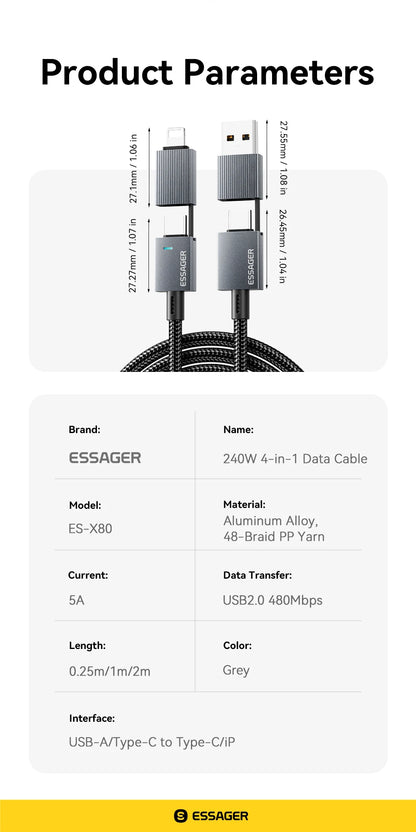 Essager 240W 4-in-1 Fast Charging Cable for iPhone17 16 15 Pro Max Macbook iPad Xiaomi Samsung Macbook USB Type C To USB C Cable