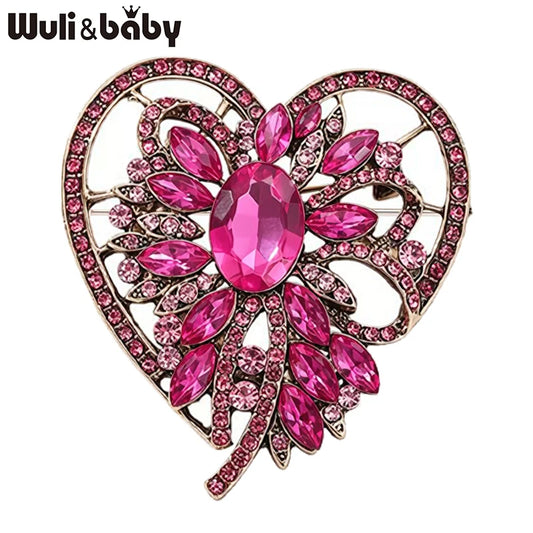 Wuli&baby Vintage Crystal Heart Brooches For Women Unisex 2-color Palace Style Love Flower Party Casual Brooch Pin Gifts