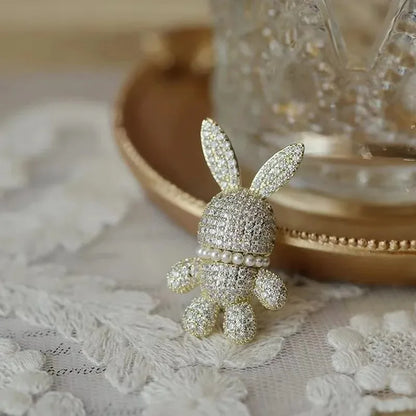 Cute Full of Rhinestone Rabbit Brooch Pearl Animal Lapel Pin Gold Color For Women Men Trendy Fashion Jewelry Gift