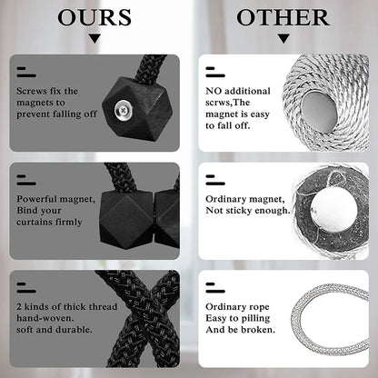 2pcs Curtain Tiebacks with Strong Magnet Thick Rope Design Bedroom Living Room Kitchen Durable Plastic Home Decor Accessory