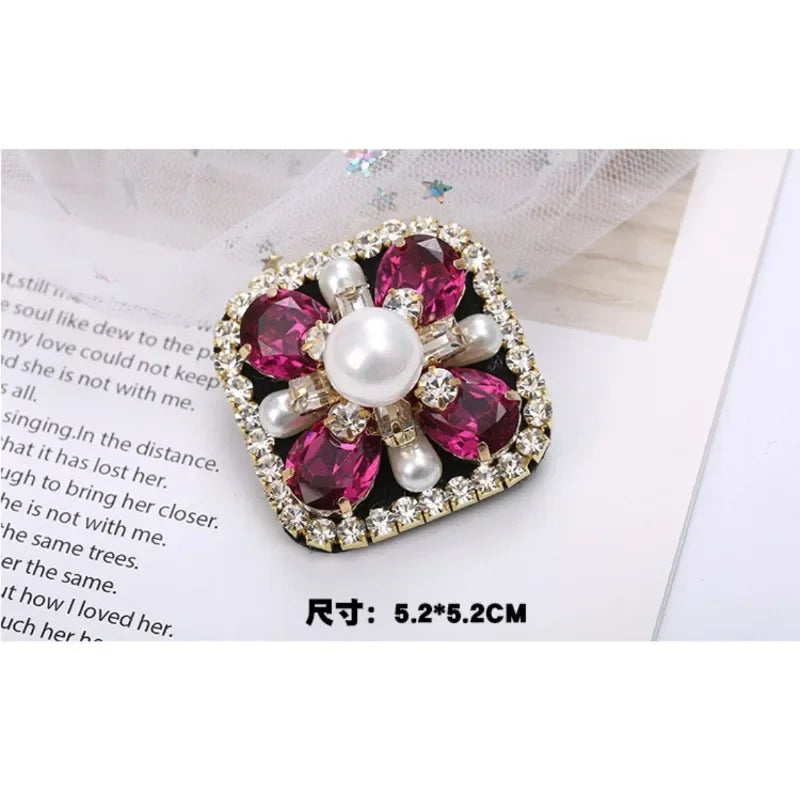 Elegant Geometric Crystal Stone Square Symmetrical Brooch Blue Green Large Rhinestone Cross Flower Pin with Clip for Women