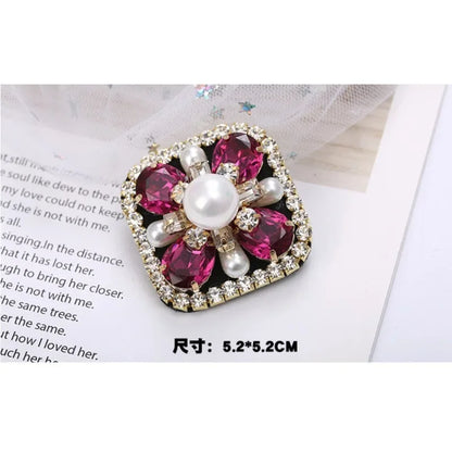 Elegant Geometric Crystal Stone Square Symmetrical Brooch Blue Green Large Rhinestone Cross Flower Pin with Clip for Women